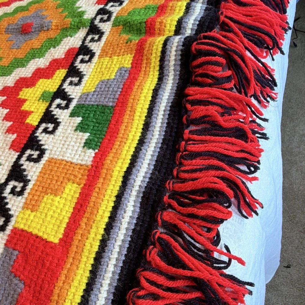 Vintage Handmade Needlepoint Rug 47x40 Geometric Folk Art Tapestry Colorful